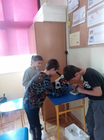 Troje dzieci stoi przy niebieskim stoliku. Na stoliku jest mikroskop i pudełko z preparatami mikroskopowymi.