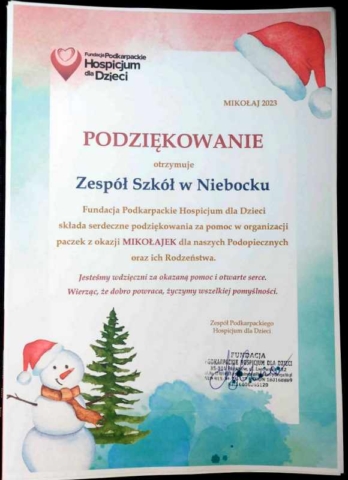 Podziękowanie od Fundacji Podkarpackiego Hospicjum dla Dzieci za pomoc w organizacji paczek z okazji Mikołajek